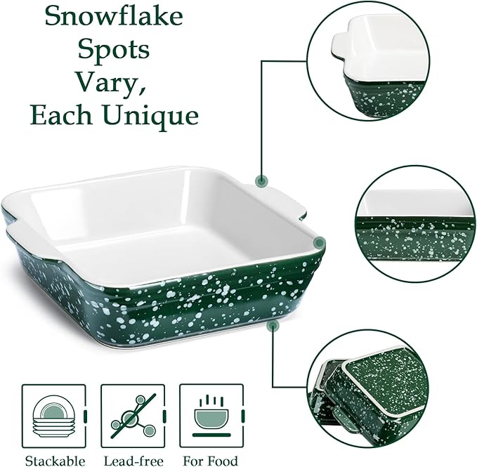 NUTRIUPS 13oz 5.9x5.9in Square Ceramic Baking Dish Set, 2-Pack Small Oven-Safe Baking Pan for Lasagna, Casserole - Bakeware for Baking & Serving (Green)