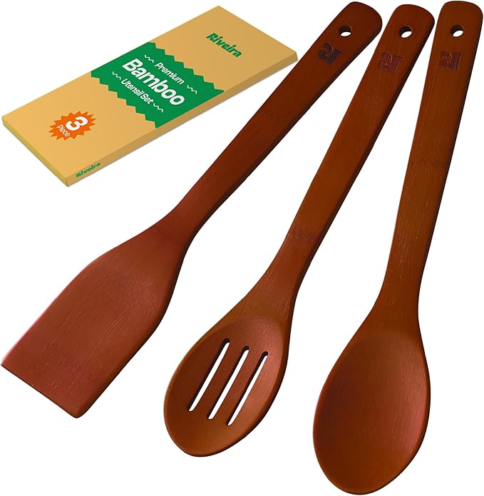 Riveira Premium Brown Bamboo Wooden Spoons for Cooking Set of 3 – Premium Brown Bamboo Wooden Cooking Utensils, Wooden Spatula, Wooden Spoon - Premium Quality Utensil Set for Non-Toxic Cooking