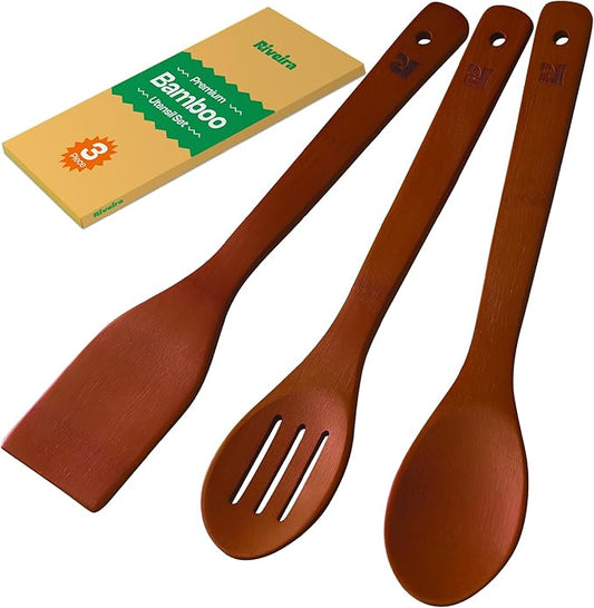 Riveira Premium Brown Bamboo Wooden Spoons for Cooking Set of 3 – Premium Brown Bamboo Wooden Cooking Utensils, Wooden Spatula, Wooden Spoon - Premium Quality Utensil Set for Non-Toxic Cooking