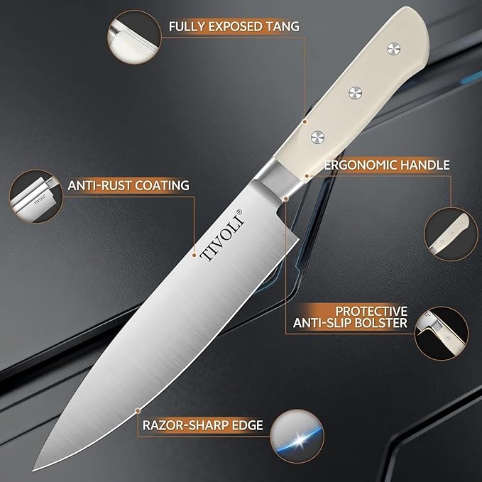 TIVOLI Knife Block Set, 15 PCS Kitchen Knife Set with Block & Honing Rod & Kitchen Scissor, High Carbon Stainless Steel Cutlery Knife Set, Ergonomic Wood Handle, Gifts For Cooks, Cream White