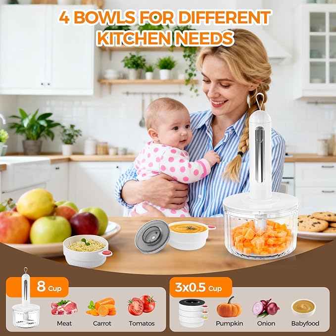 Food Processor Glass, Electric Food Chopper with 4 Bowls(8 Cup + 3 x 0.5 Cup) 2 Stainless Steel Blades USB Rechargeable Meat Grinder & Vegetable Chopper for Kitchen