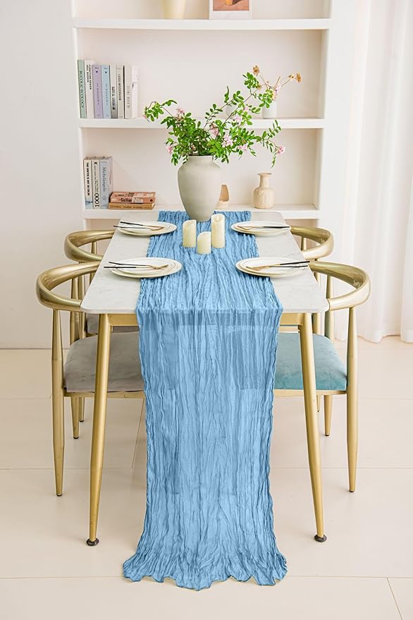 12 Pack Light Blue 10 Ft Cheesecloth Table Runner 21x120 Inch Boho Wrinkled Sheer Romantic Gauze Decor for Wedding, Bridal Shower, Birthday Party