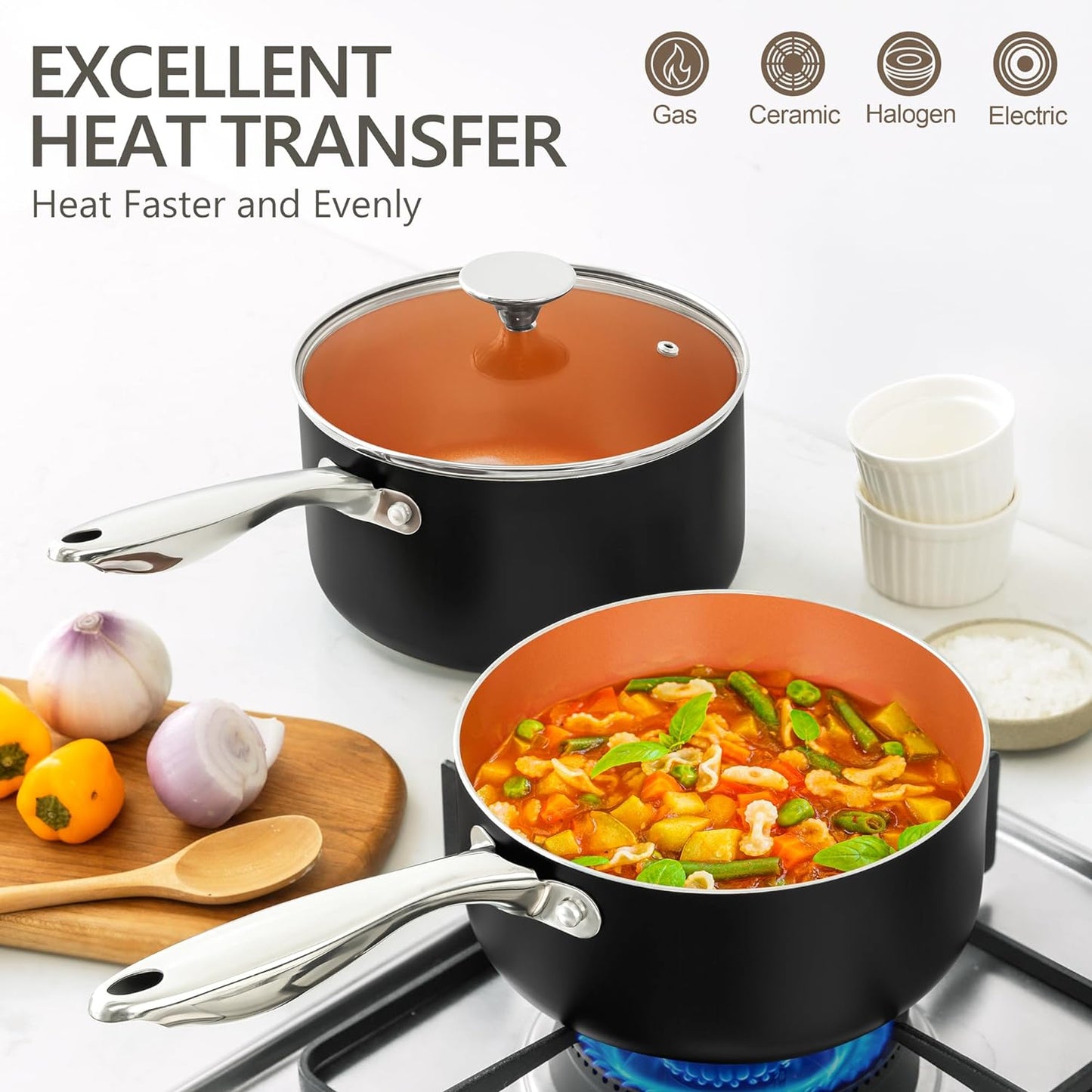 MICHELANGELO Sauce Pan with Lid, 1Qt & 2Qt & 3Qt Sauce Pan Set, Ceramic Saucepans with Lids, Copper Small Pots, Nonstick Saucepan Set, Oven Safe