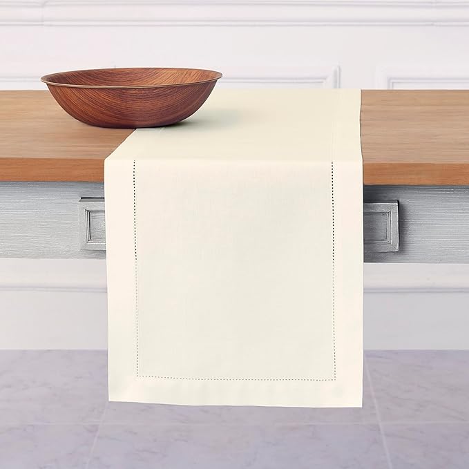 Solino Home Ivory Table Runner 60 Inches - Cotton Linen Hemstitch Coffee Table Runner 14 x 60 Inch Ideal for Dresser Tables - Christmas, Holiday, New Year