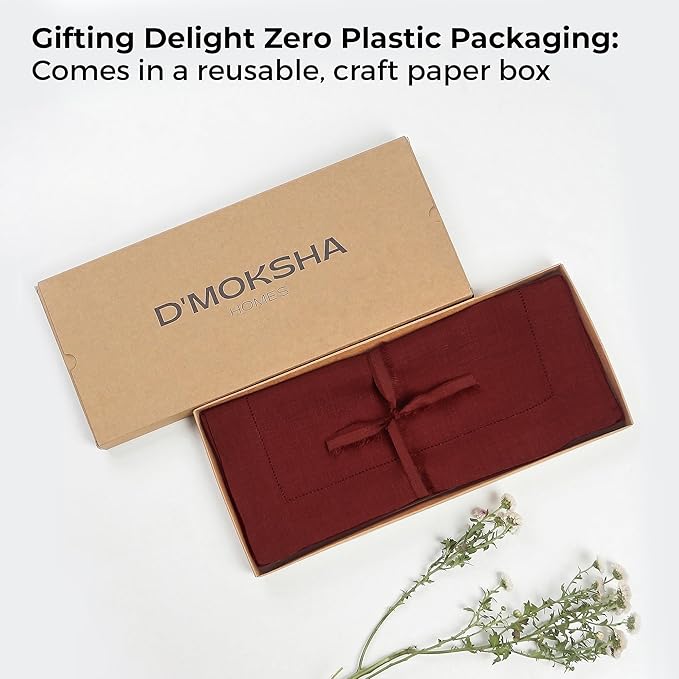 D'Moksha Homes Linen Dark Red Table Runner 60 Inches - Classic Hemstitch, 100% Pure Linen Coffee Table Runner 14 x 60 Inch Ideal for Dresser Tables - Winter, Christmas, Holiday, New Year