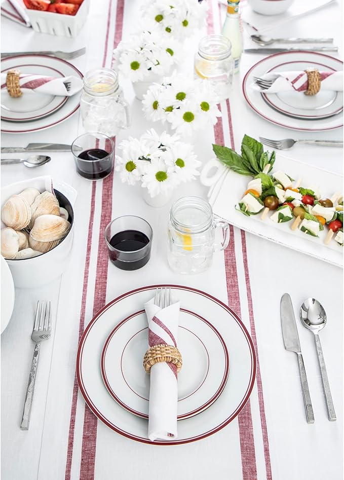 Solino Home Linen Table Runner 108 Inches Long - French Stripe, 100% Pure Linen Burgundy and White Farmhouse Table Runner 16 x 108 Inch Ideal for Dining, Christmas