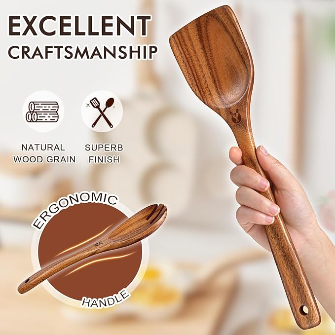 12 Pcs Teak Wooden Utensil Set with Holder & Spoon Rest, Wooden Spoons for Cooking with Comfort Grip, Wooden Cooking Utensils Set for Nonstick Cookware, Lightweight & Heat Resistant Kitchen Utensils