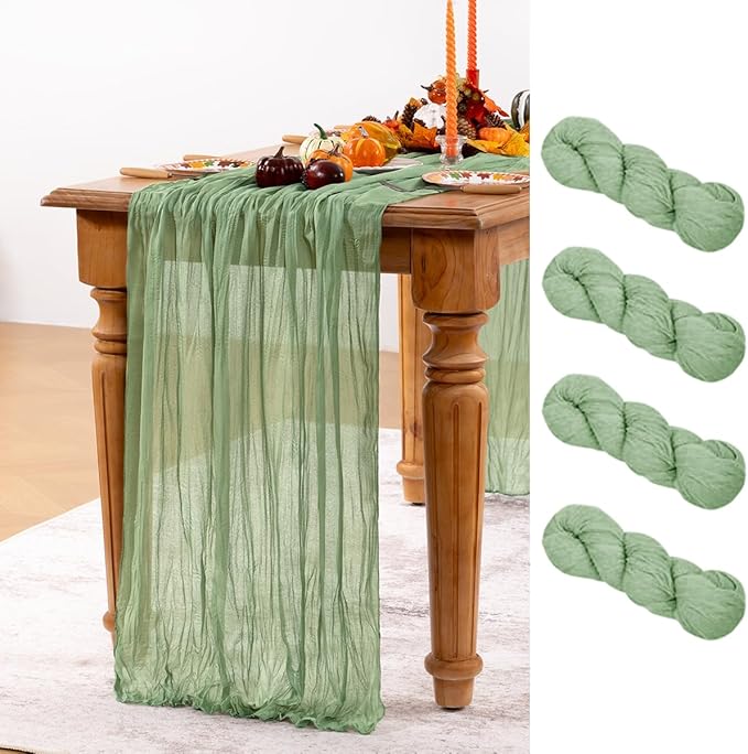 Sage Green Cheesecloth Table Runner 4 Pack Christmas Table Runners Boho Gauze 120 Inches Sage Cheese Cloth Table Decor for Xmas Holiday Season Parties Wedding Bridal Baby Shower Tea Party