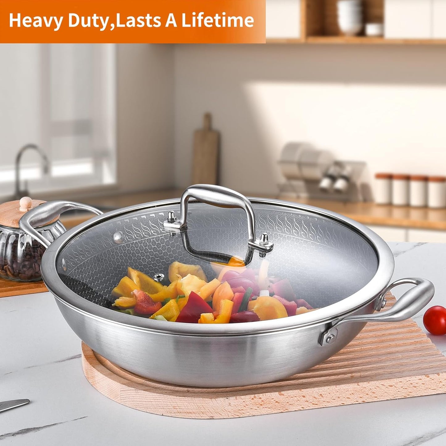 DELARLO Wok Pan With Lid 12 Inch Non stick wok,Oven Safe Up to 600℉,Woks & Stir-Fry Pans Nonstick,Tri-Ply Stainless Steel Wok, 5QT Nonstick Deep Frying Pan, Induction Saute Pan With Lid