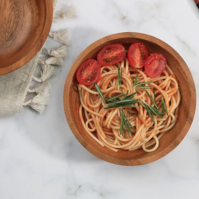 Acacia Wood Serving Bowls, 6 Inch Handcrafted Wooden Individual Bowls Set of 2 for Food/Soup/Salad/Pasta, Use as Snack Holder Plate for Kitchen and Dining