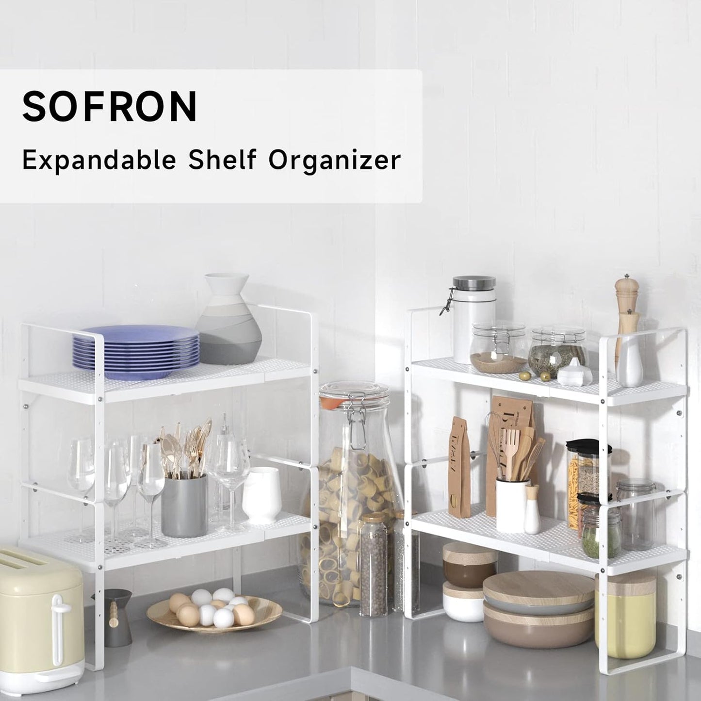 Expandable Cabinet Storage Shelf Stackable Organizer Rack for Kitchen Bathroom Pantry Spice Cupboard Coffee Countertop Home Office Desk Heavy Duty Nonslip White Small 2 Packs