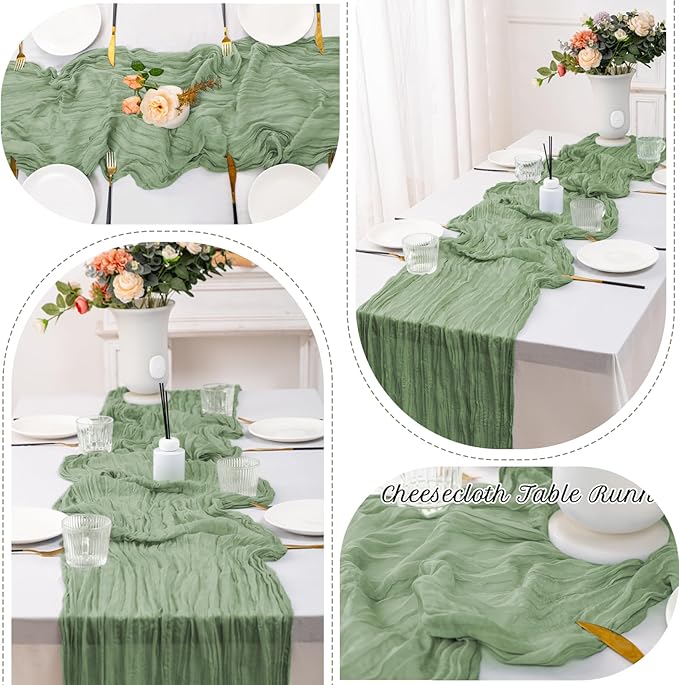 12 Pack Sage Green Table Runner 10FT Cheesecloth Table Runner 21 x 120 inch Boho Gauze Cheese Cloth Table Runner Rustic Sheer Table Runner for Party Wedding Bridal Baby Shower Birthday Table Decor