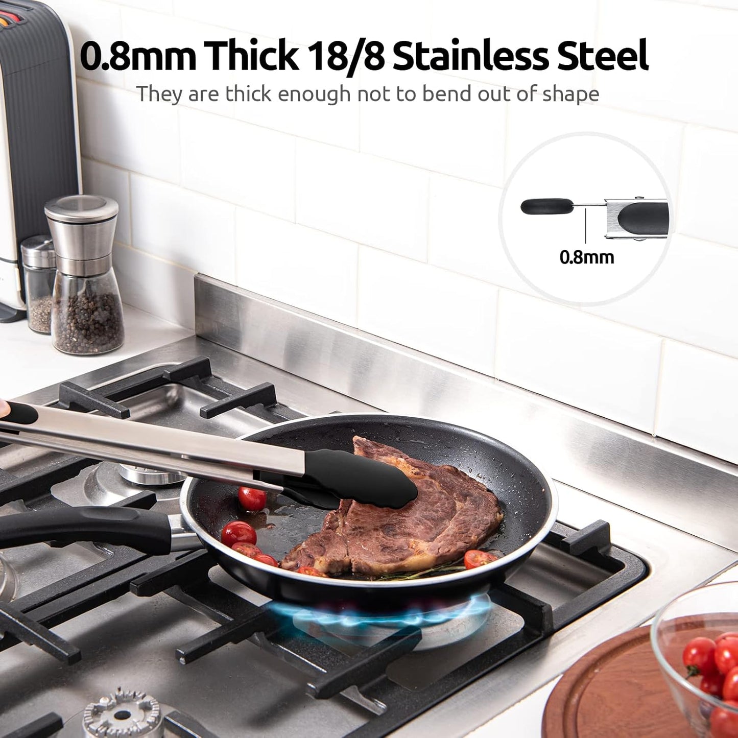 600ºF Heat Resistant Kitchen Tongs: U-Taste 16 inch Extra Long Large Silicone Cooking Tong with Sturdy Non Stick Rubber Tips & Non Slip Silicon Coated 18/8 Stainless Steel Handle for Grill BBQ (Black)