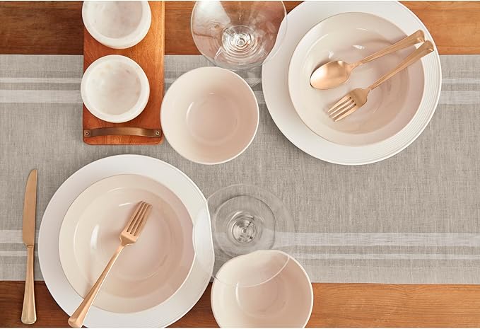 Solino Home Linen Table Runner 72 Inches Long - 100% Pure Linen White and Natural French Stripe Table Runner 14 x 72 Inch for Dining, Dresser