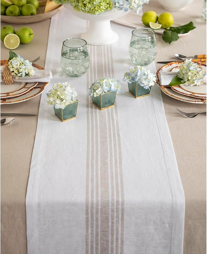 Solino Home Linen Table Runner 90 Inches Long - 100% Pure Linen Natural and White Farmhouse Table Runner 14 x 90 Inch for Dining, Christmas, New Year