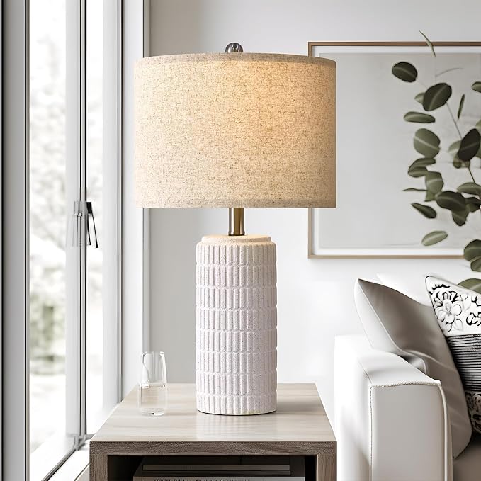 PoKat 24" Farmhouse Ceramic Table Lamps Set of 2 for Bedroom, White Stone-Like Bedside Lamps for Night Stands, Matte-Textured Decor Nightstand Table Lamps for Living Room End Table White