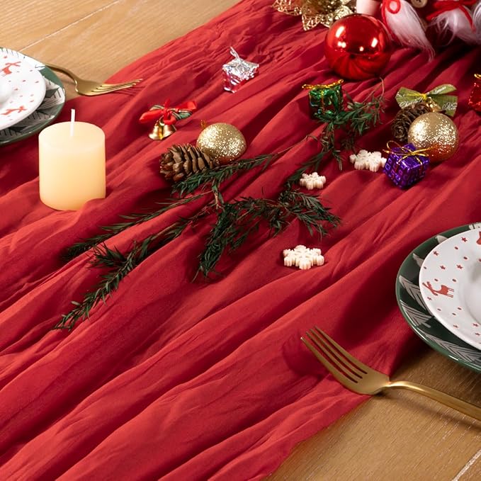 Red Cheesecloth Table Runner Christmas Table Runner Boho Gauze 120 Inches Red Cheese Cloth Table Decor for Xmas Holiday Season Parties Weddings Bridal Baby Shower Candlelight Dinner