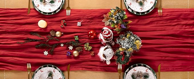 Red Cheesecloth Table Runner Christmas Table Runner Boho Gauze 120 Inches Red Cheese Cloth Table Decor for Xmas Holiday Season Parties Weddings Bridal Baby Shower Candlelight Dinner