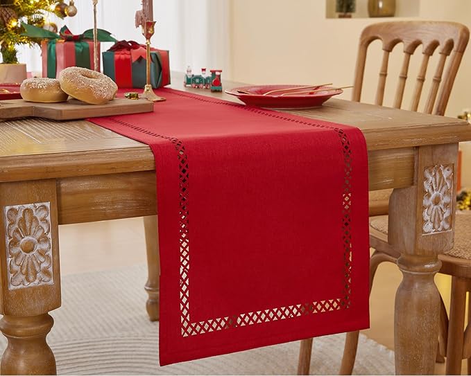 Burlap Style Farmhouse 13 x 60 Inch Red Table Runner, Rustic Geometric Hollow Christmas Table Runners 60 Inches Long for Winter Christmas Party Decorations, 13x60 Inches, Red