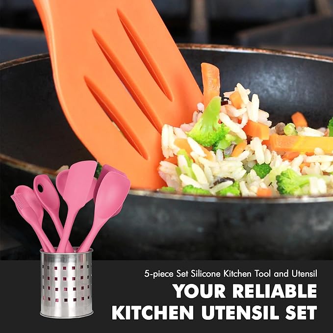 Chef Craft - Premium Silicone Kitchen Tools and Utensils Set, Non-Scratch, Withstands Temperatures up to 450°F, BPA-Free, 5 Piece Cooking Utensils Set, Pink