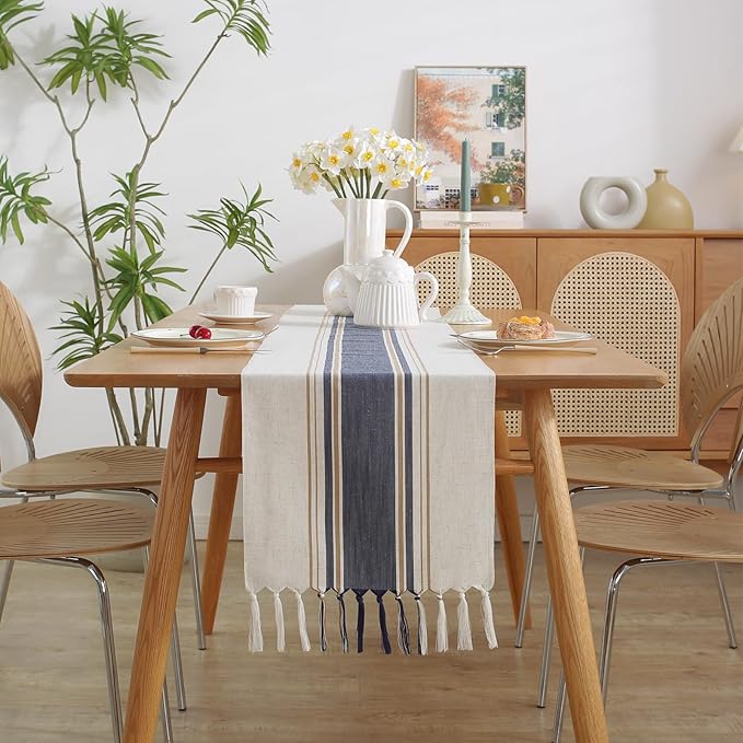 Niviy Blue Table Runner 60 Inches Long with Tassels, Seasonal Summer Washable Embroidered Striped Braided Blue and White Boho Table Runners for Holiday Party 12 x 60 Inches