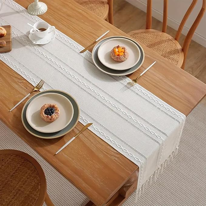 Niviy White Table Runners 90 Inches Long with Tassels, Ivory Embroidered Table Runner Farmhouse Rustic Linen Runners for Dresser Scarf Home Decor (White, 12"×90")