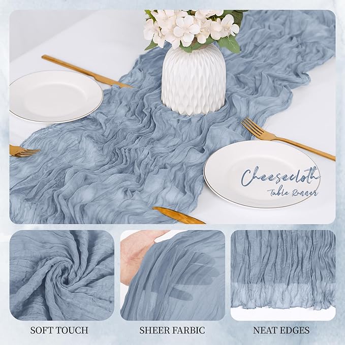 12 Pack Dusty Blue Cheesecloth Table Runner 17x108 Inch Semi Sheer Boho Gauze Cheese Cloth Fabric Table Runners, for Wedding Party Baby Shower Birthday Home Decor Garden Farmhouse