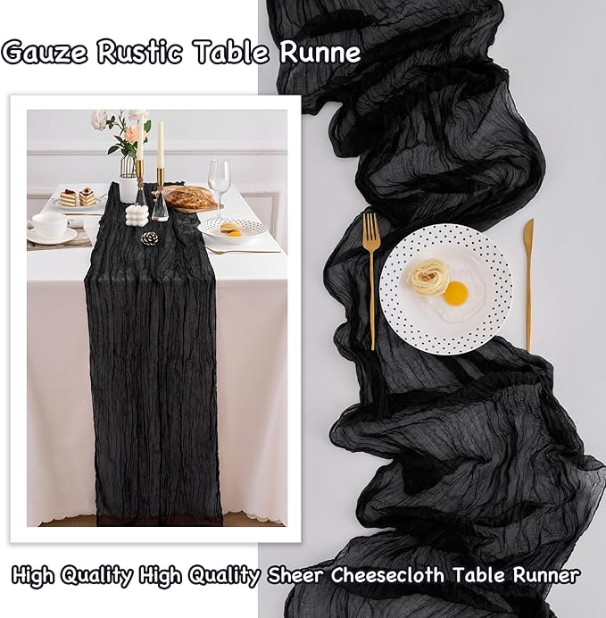 10 Pack 120 Inch Cheesecloth Black Table Runner 10FT Boho Gauze Table Runners Long Cheese Cloth Table Runner Semi Sheer Runners for Wedding Bridal Baby Shower Party
