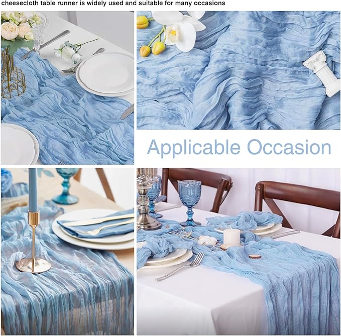 12 Pack Light Blue 10 Ft Cheesecloth Table Runner 21x120 Inch Boho Wrinkled Sheer Romantic Gauze Decor for Wedding, Bridal Shower, Birthday Party