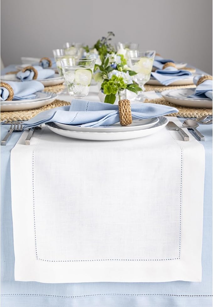 Solino Home Linen White Table Runner 144 Inches Long - 100% Pure Linen Extra Long Table Runner 14 x 144 Inch for Christmas, Holiday, New Year - Classic Hemstitch