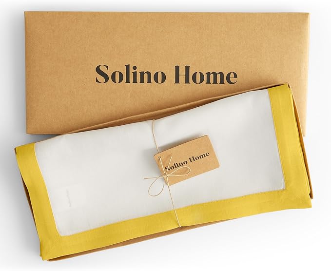 Solino Home Linen Table Runner 90 Inches Long - 100% Pure Linen Sunshine Yellow and White Dining Table Runner 14 x 90 Inch - Classic