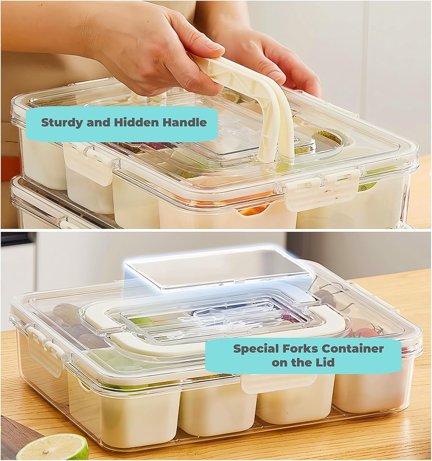 Snackle Box Container, Divided Serving Tray with Lid & Handle, Portable Snack Box Charcuterie Container for Nuts,Candy,Fruits, Snack Platter with 8 Compartments&6 forks for Party,Entertaining,Picnic