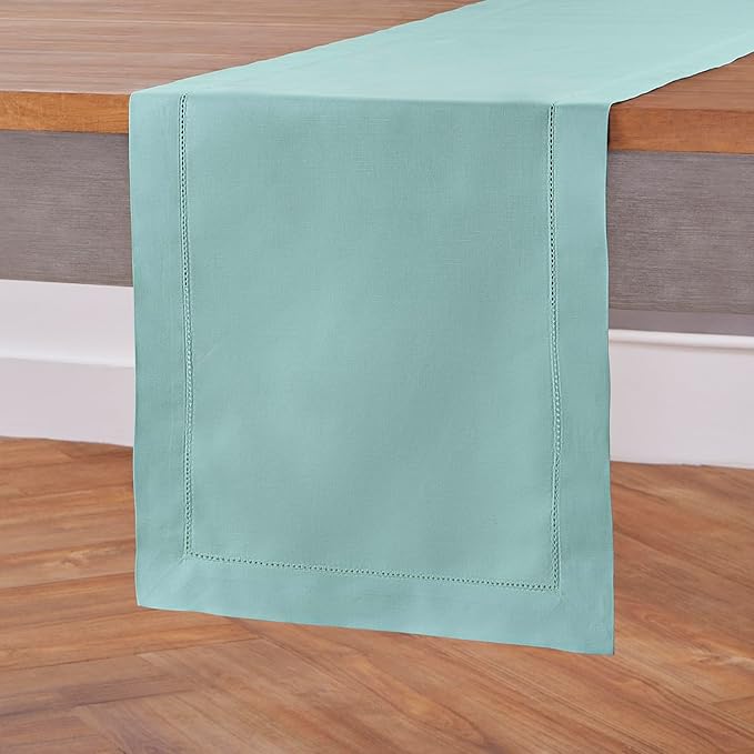 Solino Home Cotton Linen Table Runner 36 Inches - Pastel Turquoise Hemstitch Table Runner 14 x 36 Inch Ideal for Dresser and Coffee Tables