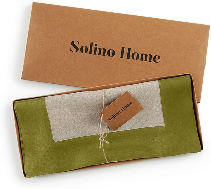 Solino Home Linen Table Runner 120 Inches Long - 100% Pure Linen Avocado and Natural Table Runner 14 x 120 Inch for Winter - Contempo