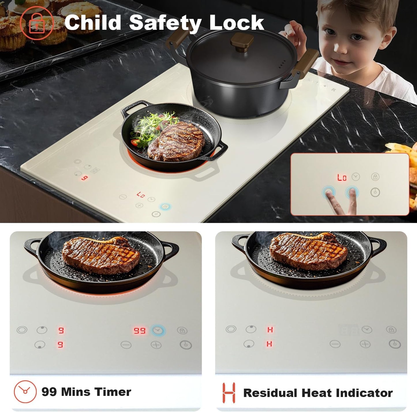 Karinear 2 Burners Electric Cooktop, Beige-gray Glass Electri Cermaic Stove, 12 Inch Built-in Electric Stove Top with Timer, Child Safety Lock, 9 Power Levels, 3200W, 220V-240V Hardwire(no plug)