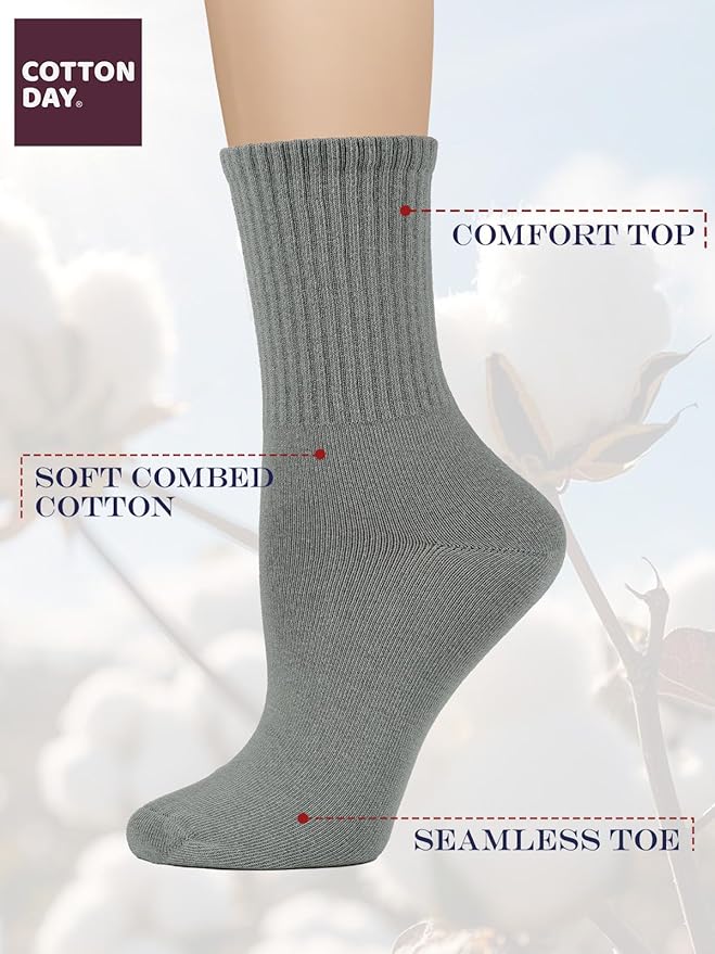 COTTON DAY Women's Soft Combed Cotton Dress Socks Seamless Toe Black White Gray Navy Blue Brown Beige
