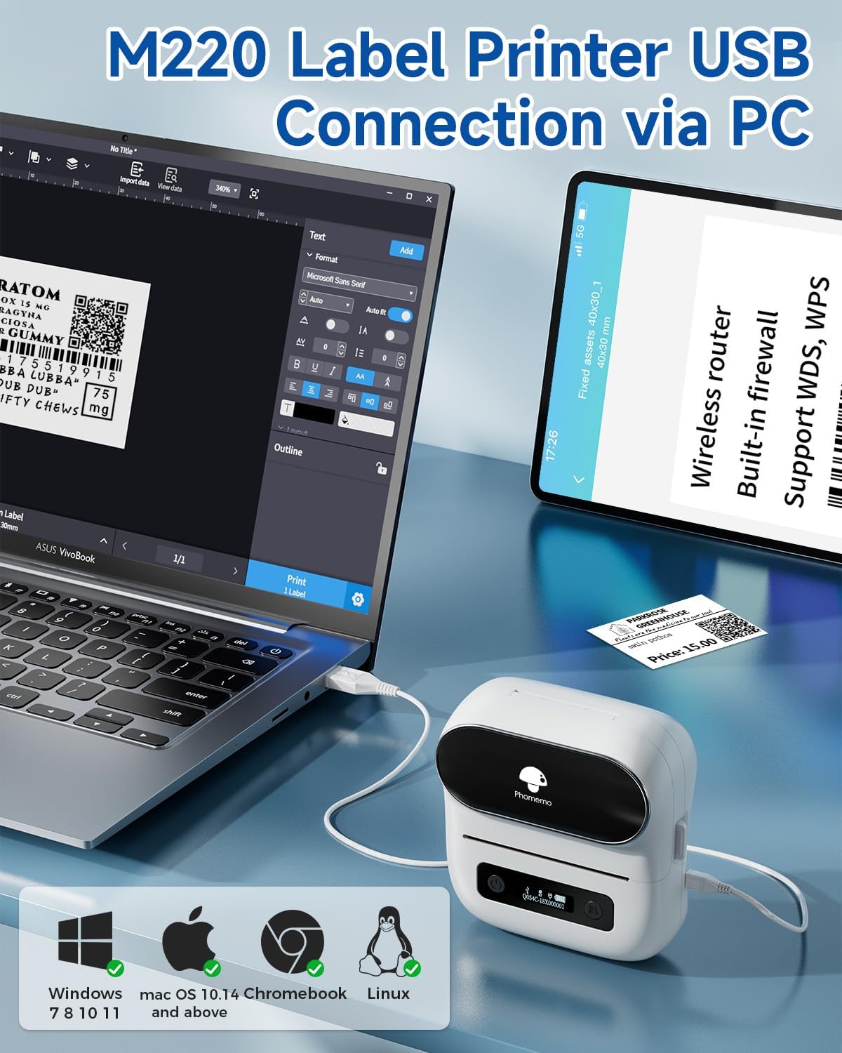 Phomemo M220 Label Maker, New Flagship 3.14 Inch Bluetooth Portable Thermal Label Printer for Barcode, Address, Labeling, Mailing, File Folder, Easy to Use, Support Phone&PC