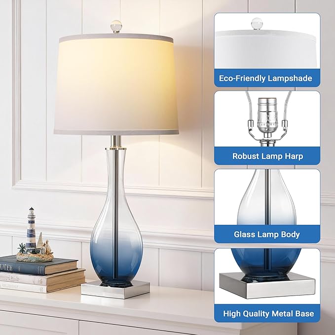WIHTU 27" Navy Blue Bedside Desk Lamps for Nightstand Decorations, Table Lamps Set of 2 with Touch Control, 3-Way Dimmable Modern Glass Table lamp with USB C and A Charging Ports (LED Bulbs Included)