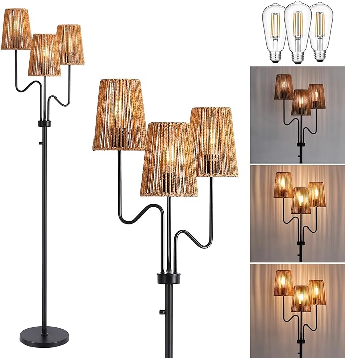 9MMML Farmhouse Boho Dimmable Floor Lamp with Rattan Shade, 68'' Tall Floor Standing Lamp, 3-Light Floor Lamp for Living Room, Bedroom, Office, Corner, 3 x E26 LED Bulb Included
