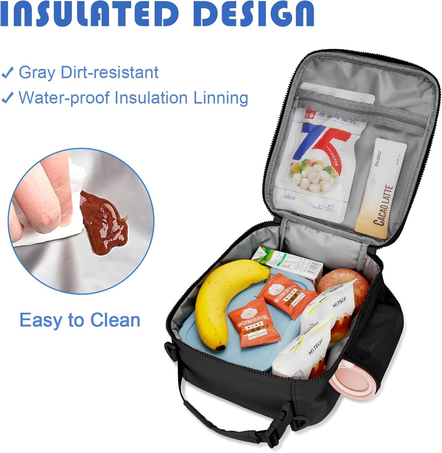 Initial Insulated Lunch Bag for Boys Kids, Back to School Gift, Reusable Leak-proof Lunch Box with Adjustable Strap for School Daycare Travel Picnic（Black，P）