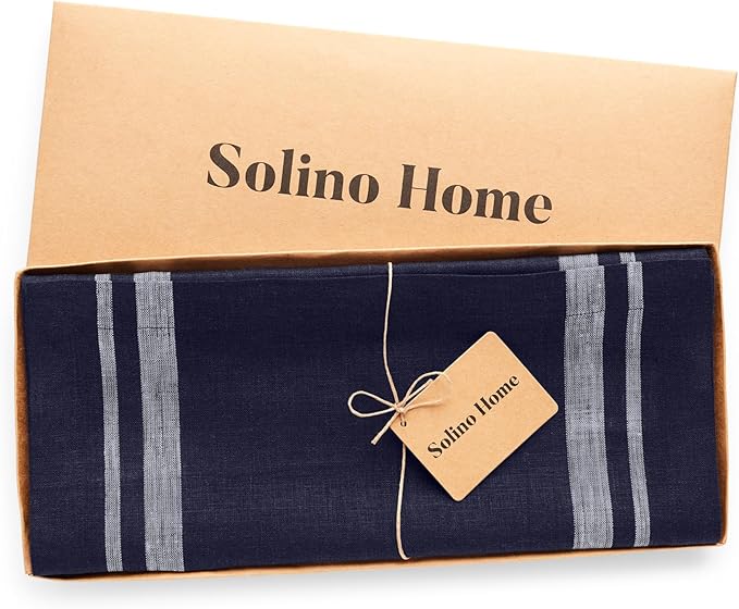 Solino Home Striped Linen Table Runner 108 Inches Long - French Stripe 100% Pure Linen White and Navy Dining Table Runner 14 x 108 Inch for Christmas, Holiday, Winter, New Year