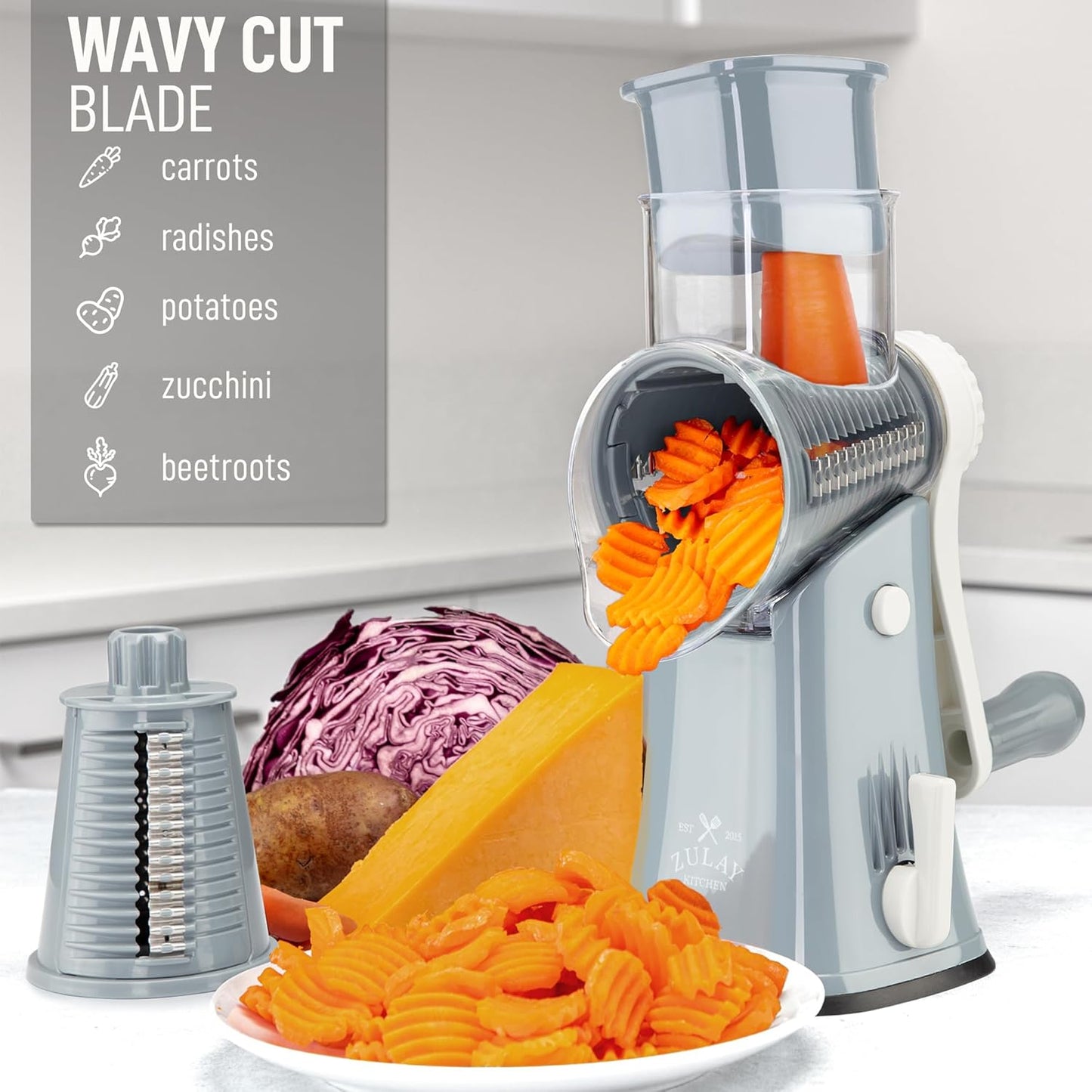 Zulay Kitchen Rotary Cheese Grater 5 Blade Cheese Shredder - Manual Hand Crank Cheese Grater With Reinforced Suction & 5 Interchangeable Drums - Easy to Use, Vegetable Chopper Round Mandoline Slicer