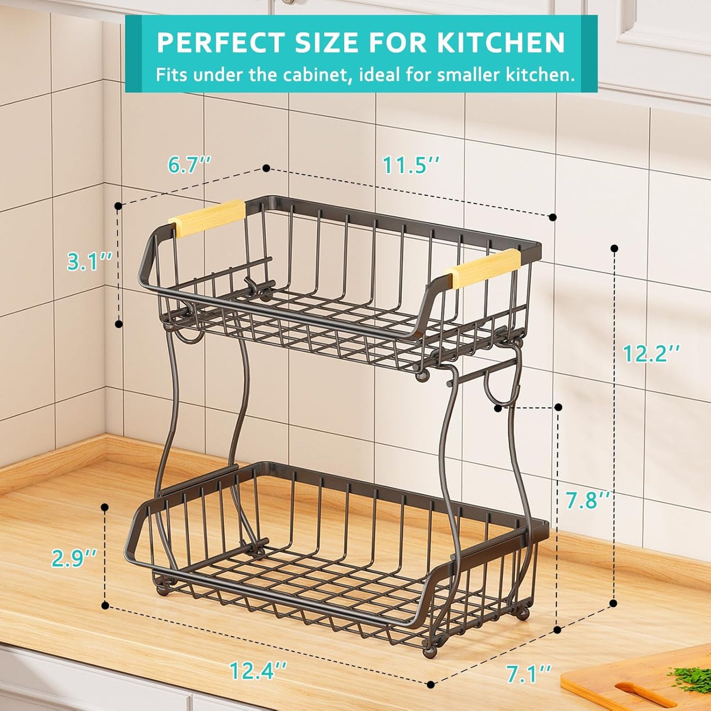2 Tier Fruit Basket with 2 Banana Hangers, Detachable Countertop Fruit Bowls for Kitchen Counter, Metal Wire Fruit Vegetable Storage Holder Stand with Wooden Handles for Bread, Snacks, Veggies