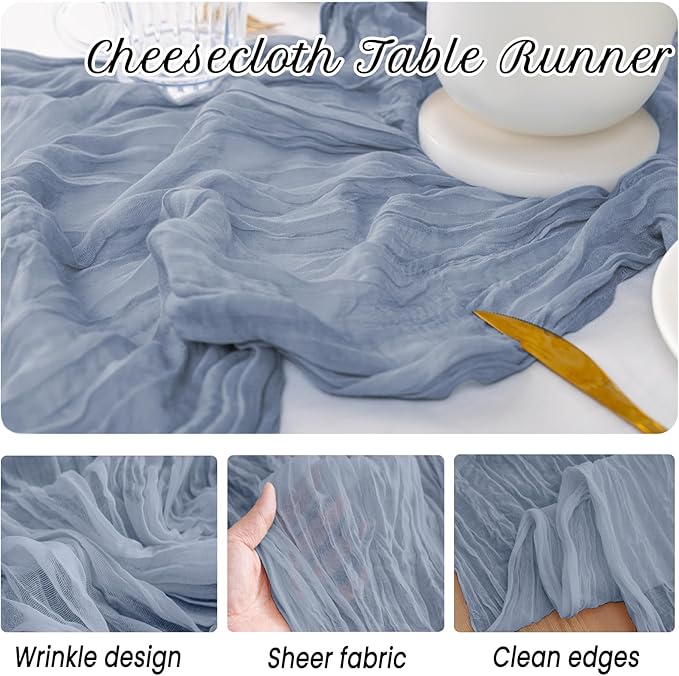 12 Pack Dusty Blue Table Runner 10FT Cheesecloth Table Runner 21 x 120 inch Boho Gauze Cheese Cloth Table Runner Rustic Sheer Table Runner for Party Wedding Bridal Baby Shower Birthday Table Decor