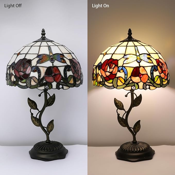Stained Glass Table Lamp, Dragonfly Rose Style Lampshade & Metal Leaf Antique Base Desk Reading Light 12X12X19 Inches Decor for Bedroom Living Room Office