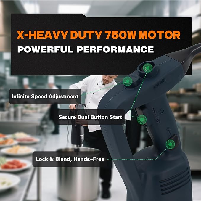 X-Heavy Huty 750W Commercial Immersion Blender, 20 Inch Removable Shaft, 8,000-19,000 RPM Variable Speed, 42 Gallons Hand Mixer, Secure Dual Button Start.