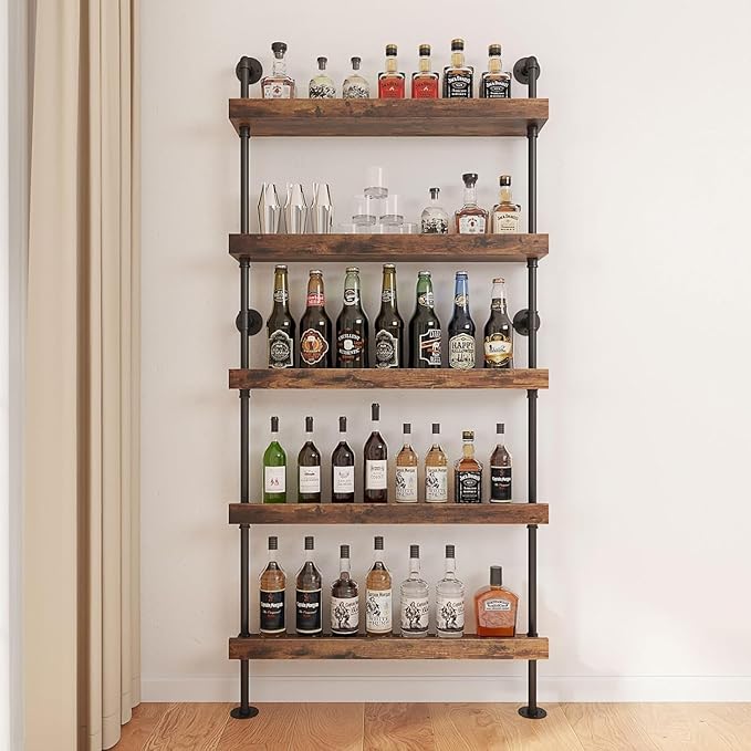 5-Tier Wall Mounted Wine Rack, Industrial Pipe Bar Shelf for Wine Bottle Storage, Industrial Pipe Shelves Shelf Shelving for Home Bar Dining Room Kitchen (23.6" W x 79" H x 8.6" D)