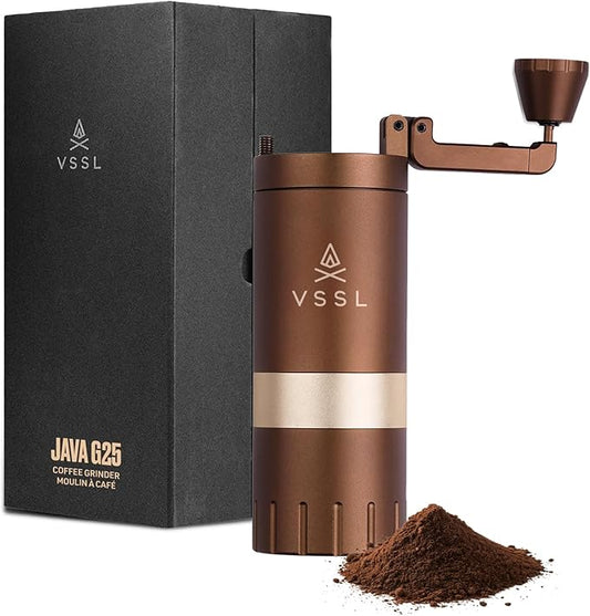 VSSL Java G25 Manual Coffee Grinder | Coffee for Camping | Bean Grinder | Travel Pour Over | Stainless Steel Conical Burr | ~ 25 Gram Capacity | Extendable Grind Handle | 50 Grind Settings | Bronze