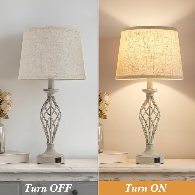 Table Lamp for Bedroom Set of 2 - Light Grey Bedside Lamps with USB C+A Ports,Rustic Distressed Farmhouse Bedroom Lamp - Lamp for Living Room Reading Bed Side End Table Bulbs Included