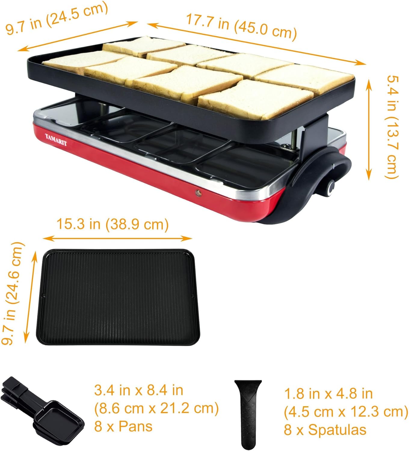 TAMARIT Classic 8 Person Raclette Grill 1500W Electric Tabletop Grill with Reversible Plate, 8 Non-Stick Raclette Trays & Spatulas Indoor Portable Korean BBQ Barbecue Grill, Party Grill Red